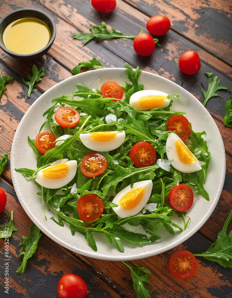 Fresh spinach and arugula salad with sliced boiled eggs, cherry tomatoes, olive oil on ceramic plate, vegetarian, healthy food, nutrition, lifestyle, flat lay. Fresh spinach and arugula salad with sliced boiled eggs, cherry tomatoes, olive oil on ceramic plate, vegetarian, healthy food, nutrition, lifestyle, flat lay.