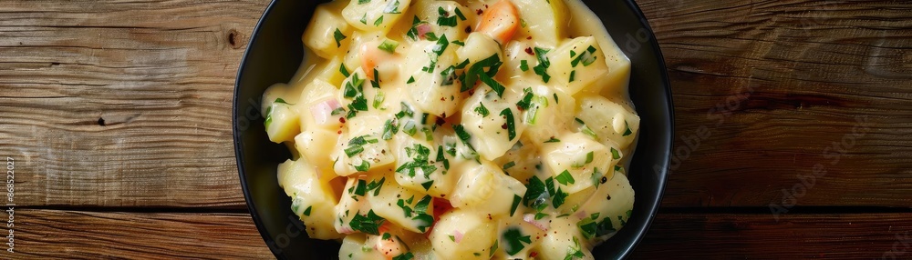 Black bowl with creamy gnocchi and parsley garnish placed on a rustic wooden table. Italian comfort food ready to enjoy. Black bowl with creamy gnocchi and parsley garnish placed on a rustic wooden table. Italian comfort food ready to enjoy.