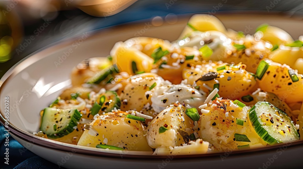 Close-up of a delicious potato salad with herbs and spices, perfect for a healthy meal or side dish, served in a white bowl. Close-up of a delicious potato salad with herbs and spices, perfect for a healthy meal or side dish, served in a white bowl.