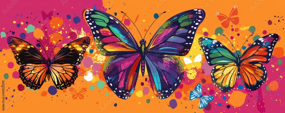 Bright, stylized butterflies with bold colors Bright, stylized butterflies with bold colors