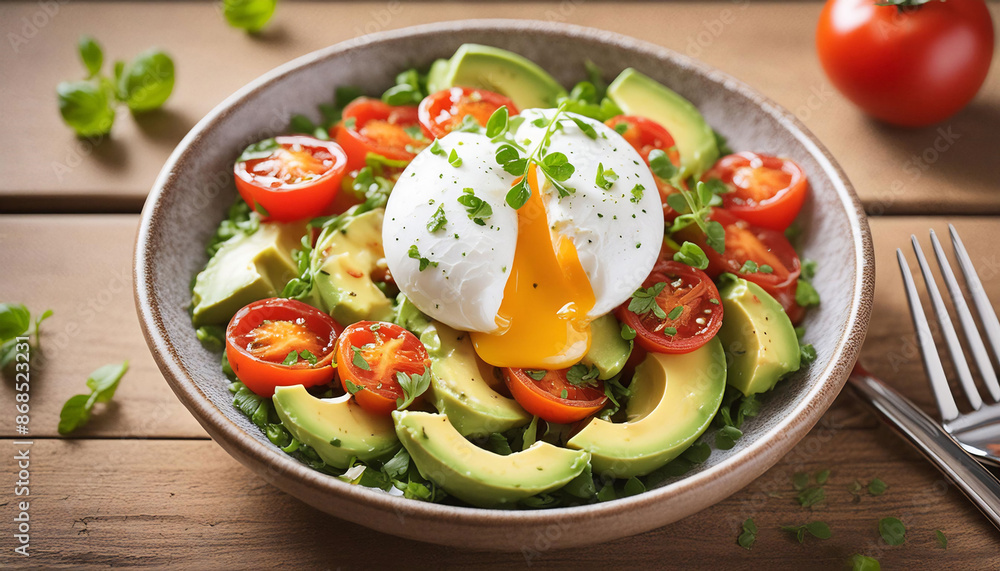 Vibrant bowl of avocado, tomato salad topped with a poached egg, rustic wooden table, vegetarian, healthy food, nutrition, lifestyle Vibrant bowl of avocado, tomato salad topped with a poached egg, rustic wooden table, vegetarian, healthy food, nutrition, lifestyle