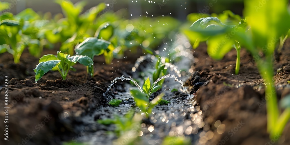 Closeup of drip irrigation system watering crops in a field. Concept Agriculture, Drip Irrigation, Farming Technology, Water Efficiency, Crop Management Closeup of drip irrigation system watering crops in a field. Concept Agriculture, Drip Irrigation, Farming Technology, Water Efficiency, Crop Management