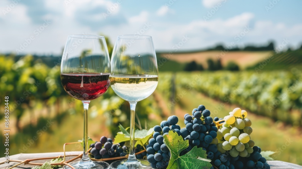 Fototapeta premium Two glasses of red and white wine with grapes on a wooden table in a vineyard. Ideal for wine and nature themes.