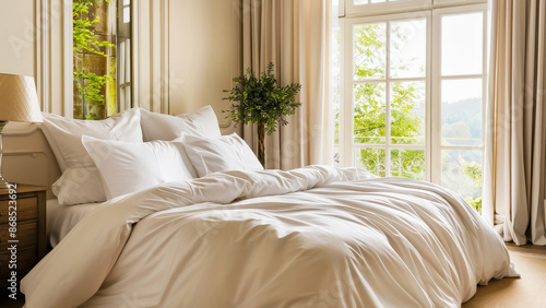 A cozy and bright bedroom with an inviting bed, white linens, and natural light streaming through large windows.