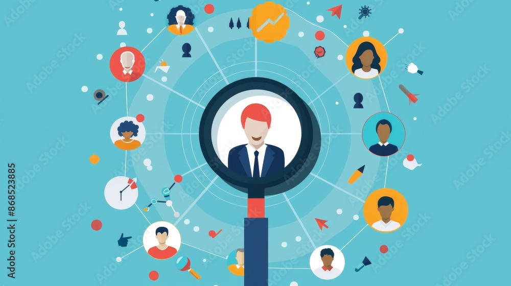 HRM or Human Resource Management, Magnifier glass focus to manager icon which is among staff icons for human development recruitment leadership and customer target. resume, interview. generate by AI HRM or Human Resource Management, Magnifier glass focus to manager icon which is among staff icons for human development recruitment leadership and customer target. resume, interview. generate by AI