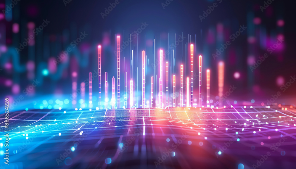 Futuristic digital landscape with glowing data visualization graph and neon lights representing analytics and technology. Futuristic digital landscape with glowing data visualization graph and neon lights representing analytics and technology.