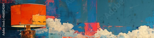 Interior design with orange table lamp glowing against an abstract surreal background with blue sky and clouds. Perfect for home decor and wall art
