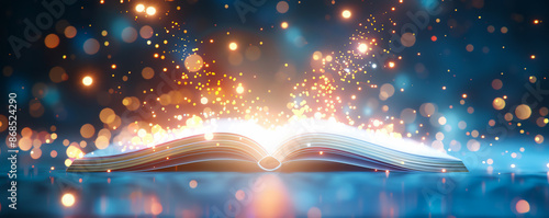 Open book with glowing lights and particles, depicting magical or fantasy element. Perfect for storytelling, literature, or education themes. photo