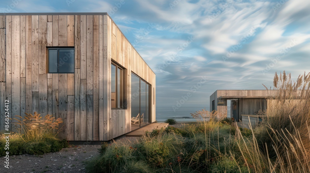 coastal gallery with exterior wood cladding weathered by salt and wind, integrating seamlessly with the rugged seaside environment coastal gallery with exterior wood cladding weathered by salt and wind, integrating seamlessly with the rugged seaside environment