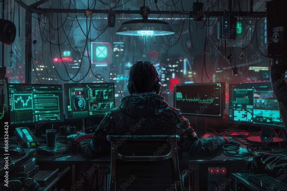 Cyberpunk Hacker Working Late at Night in a Futuristic City Cyberpunk Hacker Working Late at Night in a Futuristic City