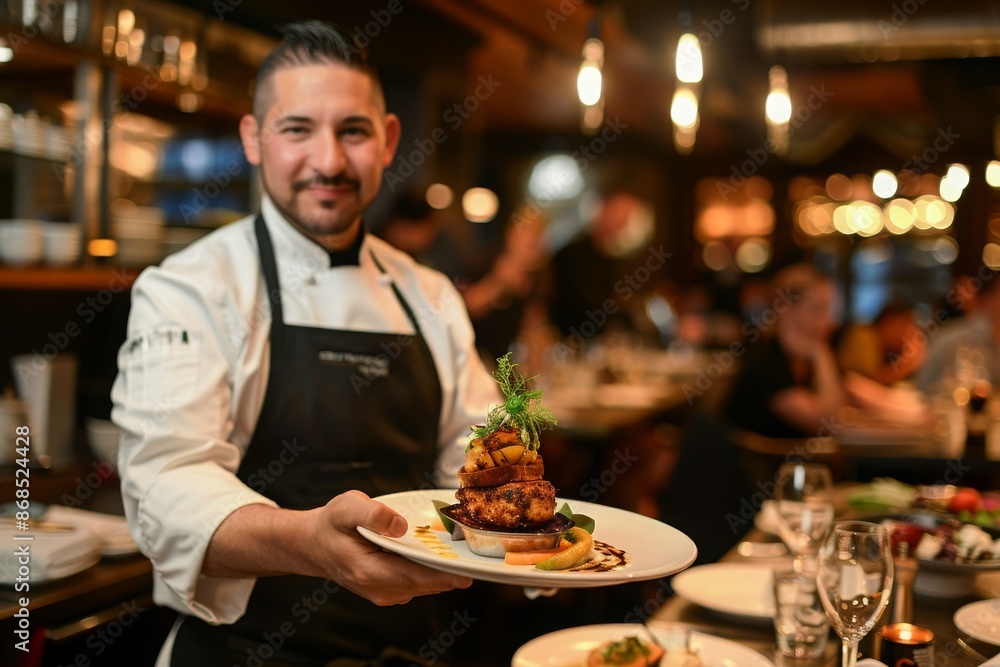 Chef Serving Delicious Food at a Restaurant Chef Serving Delicious Food at a Restaurant