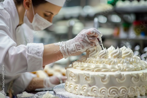 A Baker Decorates a Wedding Cake With White Frosting