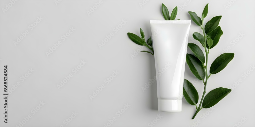 Minimalist Background with Unbranded White Skincare Tube Featuring Green Plant. Concept Product Photography, Skincare Advertising, Branding, Green Plant Aesthetic Minimalist Background with Unbranded White Skincare Tube Featuring Green Plant. Concept Product Photography, Skincare Advertising, Branding, Green Plant Aesthetic