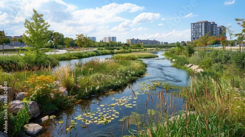 An urban riverfront revitalized with natural vegetation and floodplain restoration.