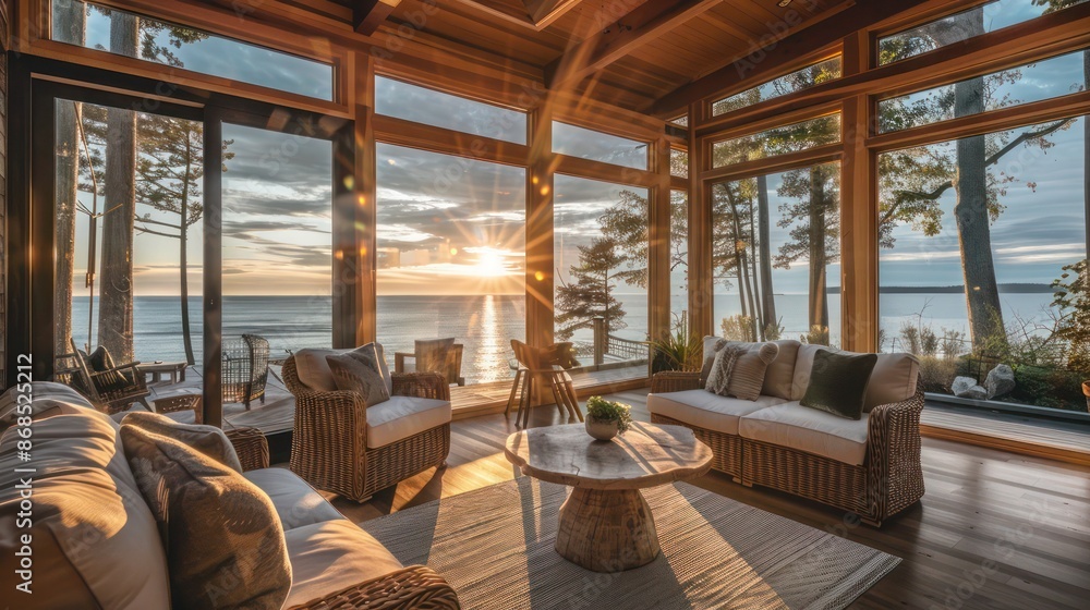 coastal home with a sunroom featuring ceiling-to-floor teak wood cladding, offering stunning views and a warm ambiance coastal home with a sunroom featuring ceiling-to-floor teak wood cladding, offering stunning views and a warm ambiance