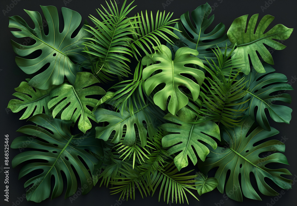 Tropical Greenery Flat Lay: Monstera and Fern Leaves on Black Background Tropical Greenery Flat Lay: Monstera and Fern Leaves on Black Background