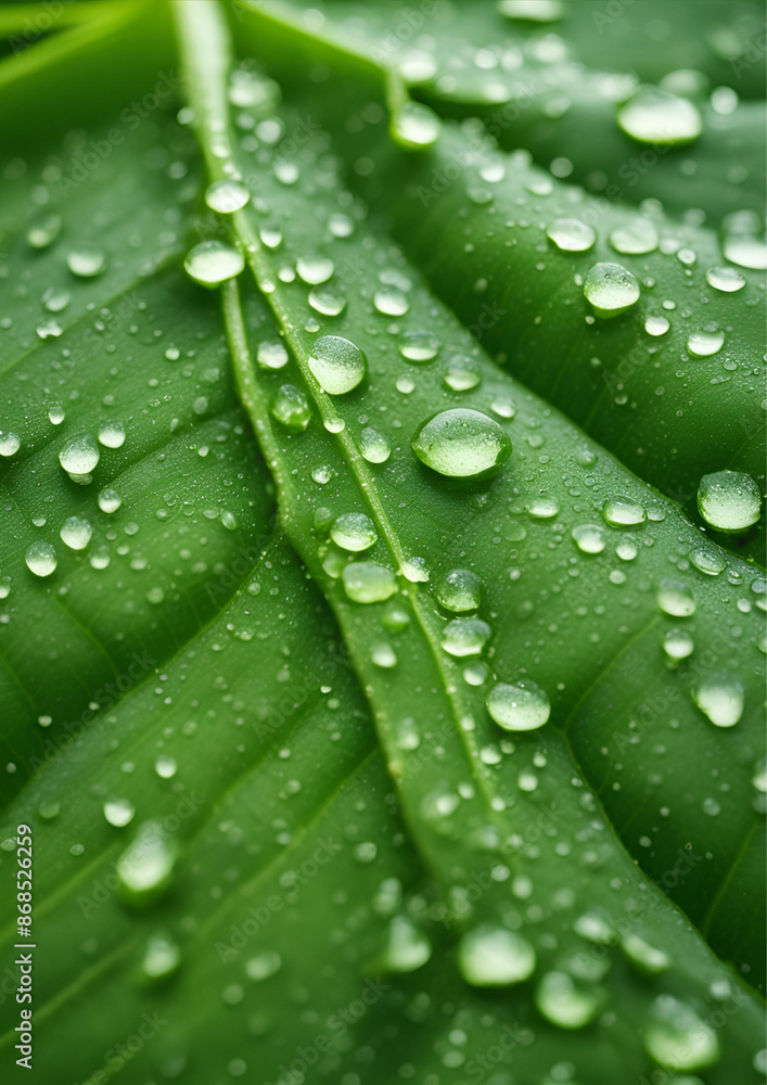 Close-Up of Green Leaf with Dew Drops, Detailed close-up of a green leaf covered with fresh dew drops Close-Up of Green Leaf with Dew Drops, Detailed close-up of a green leaf covered with fresh dew drops