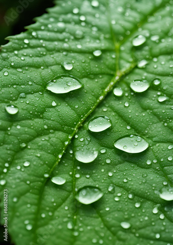 Close-Up of Green Leaf with Dew Drops, Detailed close-up of a green leaf covered with fresh dew drops