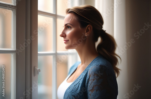 Free Download Side view indoor portrait of young attractive woman with light blond wavy hair looking through window admiring spring cityscape, dressed in stylish sweater - GFXLoad