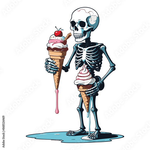 Skeleton Enjoying an Ice Cream Cone Vintage Engraved Illustration