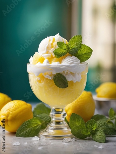 Refreshing and tangy lemon sorbet in a cup on top with mint, cinematic food dessert photography