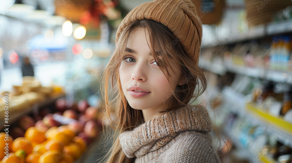 Woman in Hat and White Scarf in Grocery Store Woman in Hat and White Scarf in Grocery Store