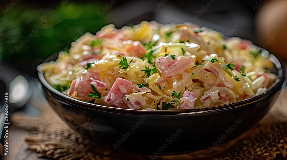 Close-up of a delicious ham and cheese salad with mayonnaise in a black bowl, garnished with fresh parsley. Perfect for a healthy meal. Close-up of a delicious ham and cheese salad with mayonnaise in a black bowl, garnished with fresh parsley. Perfect for a healthy meal.