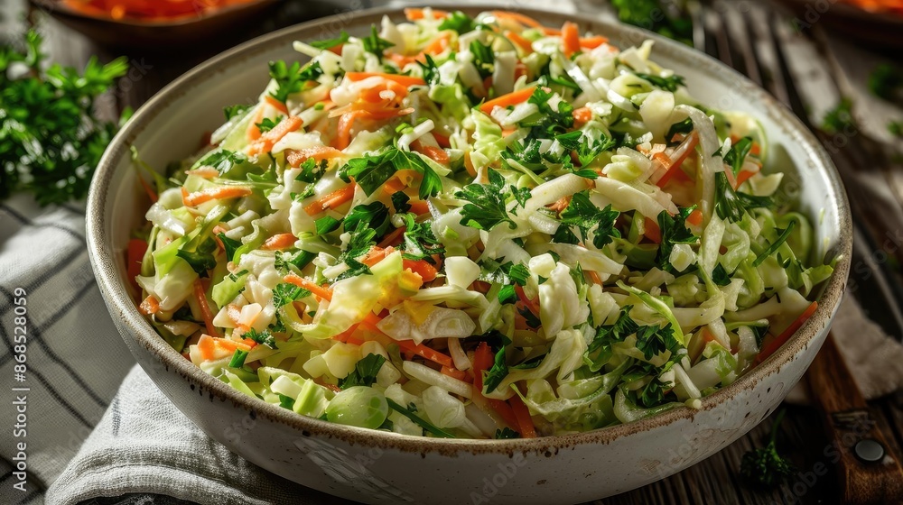 Delicious fresh coleslaw salad in a bowl, made with shredded cabbage, carrots, and herbs, perfect for a healthy meal or side dish. Delicious fresh coleslaw salad in a bowl, made with shredded cabbage, carrots, and herbs, perfect for a healthy meal or side dish.