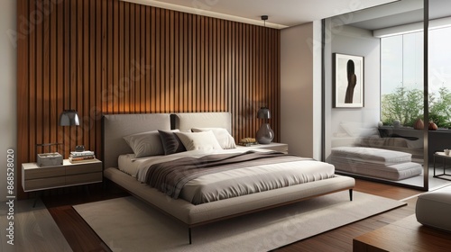 contemporary bedroom with a wood slat accent wall and minimalist design