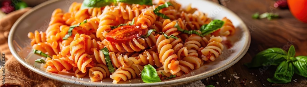Delicious plate of fusilli pasta with tomato sauce and fresh basil on wooden table, garnished with parmesan cheese and cherry tomatoes. Delicious plate of fusilli pasta with tomato sauce and fresh basil on wooden table, garnished with parmesan cheese and cherry tomatoes.
