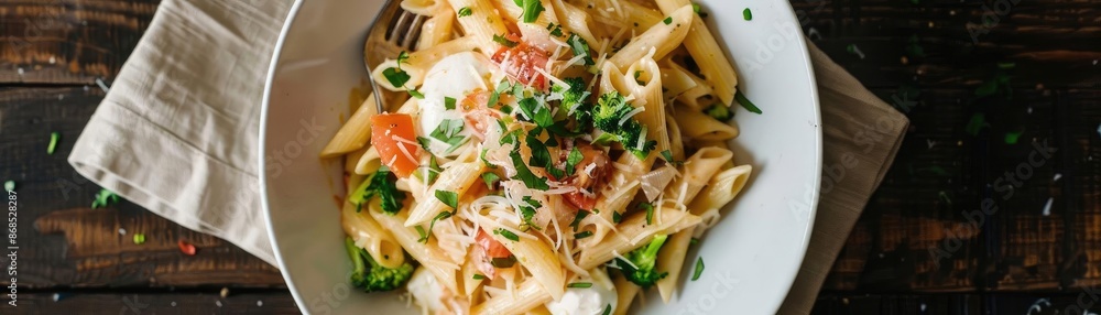 Delicious penne pasta with fresh vegetables and grated cheese, served on a white plate over a rustic wooden table. Delicious penne pasta with fresh vegetables and grated cheese, served on a white plate over a rustic wooden table.