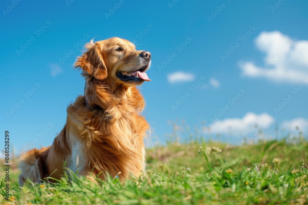 Fototapeta premium Cute dog sitting on a grassy field colorful flowers under a clear blue sky in a warm and sunny day