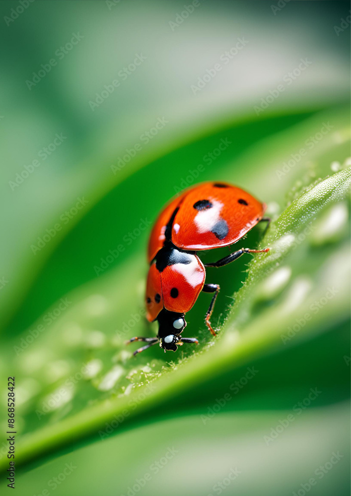 Macro Shot of Ladybug on Green Leaf, Close-up of a red ladybug with black spots perched on a vibrant green leaf Macro Shot of Ladybug on Green Leaf, Close-up of a red ladybug with black spots perched on a vibrant green leaf
