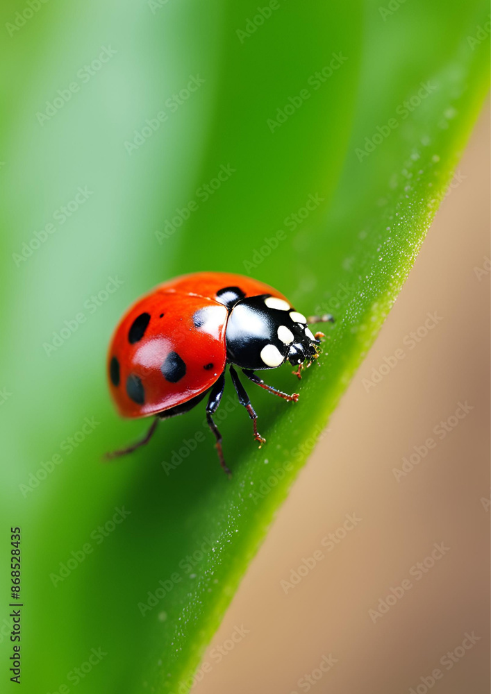Macro Shot of Ladybug on Green Leaf, Close-up of a red ladybug with black spots perched on a vibrant green leaf Macro Shot of Ladybug on Green Leaf, Close-up of a red ladybug with black spots perched on a vibrant green leaf