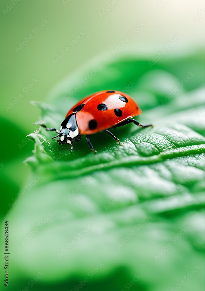 Macro Shot of Ladybug on Green Leaf, Close-up of a red ladybug with black spots perched on a vibrant green leaf Macro Shot of Ladybug on Green Leaf, Close-up of a red ladybug with black spots perched on a vibrant green leaf