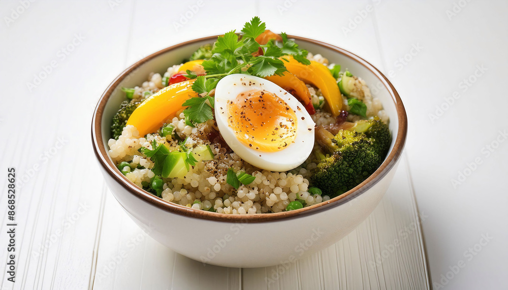 Quinoa bowl mixed vegetables, soft-boiled egg, herbs on a clean white surface, healthy food, nutrition, lifestyle Quinoa bowl mixed vegetables, soft-boiled egg, herbs on a clean white surface, healthy food, nutrition, lifestyle