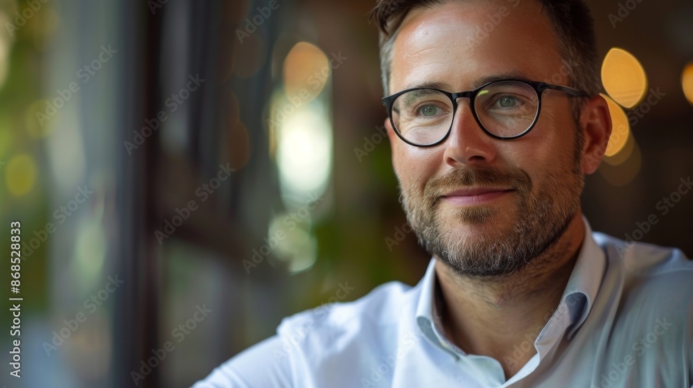 Bearded man with glasses smiling while sitting in a cozy cafe with a blurred background of lights and greenery. Bearded man with glasses smiling while sitting in a cozy cafe with a blurred background of lights and greenery.