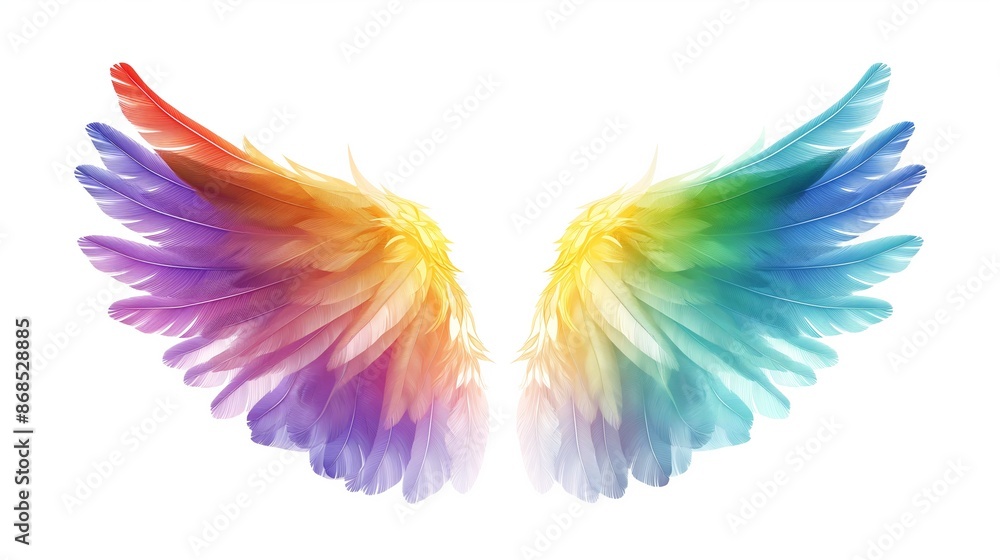 The wings of a bird are shown in a rainbow of colors. The wings are spread wide open, creating a sense of freedom and lightness. The colors of the wings are vibrant and bold, adding a sense of energy