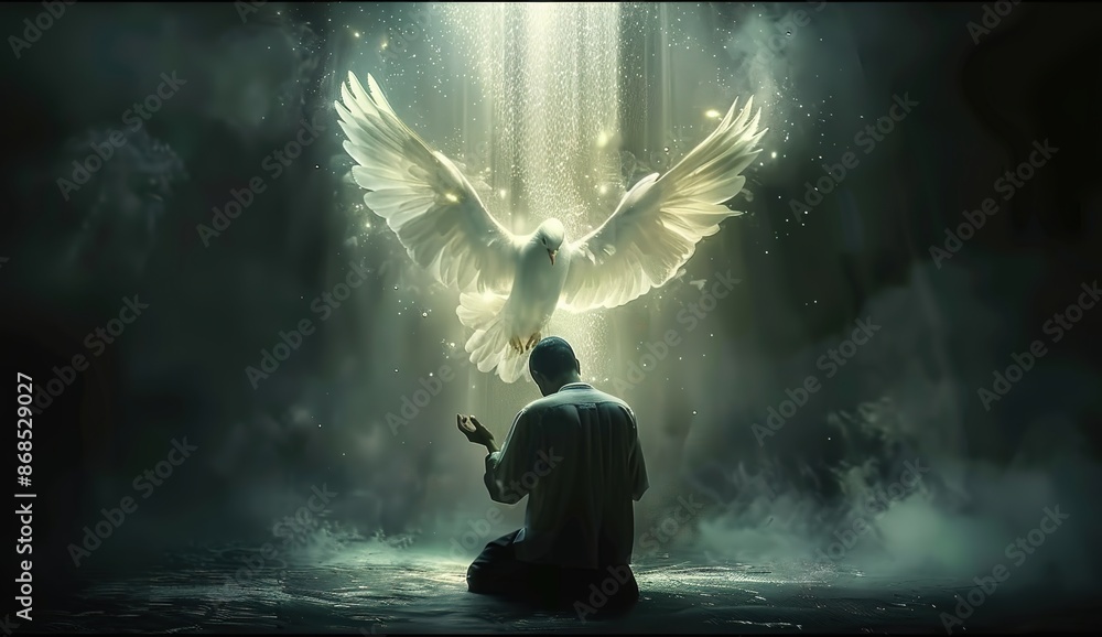 Artistic representation of Pentecost: A radiant white dove symbolizing the Holy Spirit descends upon a young Christian man. Artistic representation of Pentecost: A radiant white dove symbolizing the Holy Spirit descends upon a young Christian man.