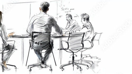 Sketch of a business meeting with professionals seated around a table, discussing, collaborating, and brainstorming ideas.