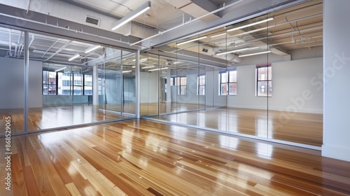 contemporary dance studio with polished hardwood floors and mirrored walls