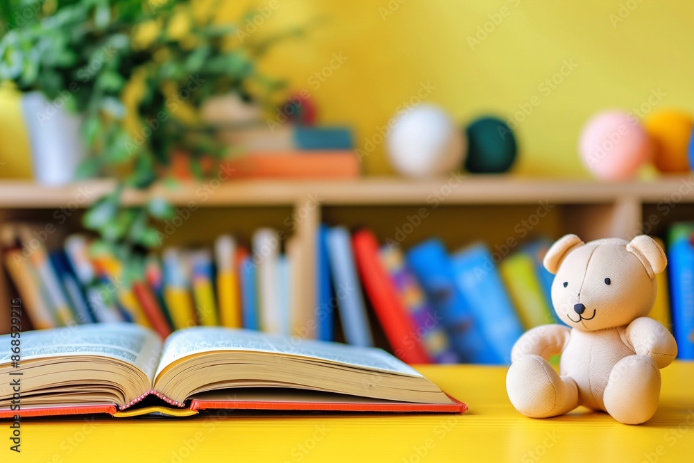 Open book with a teddy bear in the background of a child's room, the concept of childhood and reading Open book with a teddy bear in the background of a child's room, the concept of childhood and reading