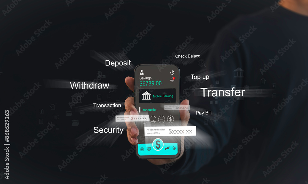 person holding a smartphone with a mobile banking app interface. The display shows various banking functions such as deposit, withdraw, transfer, and security, digital banking and financial technology