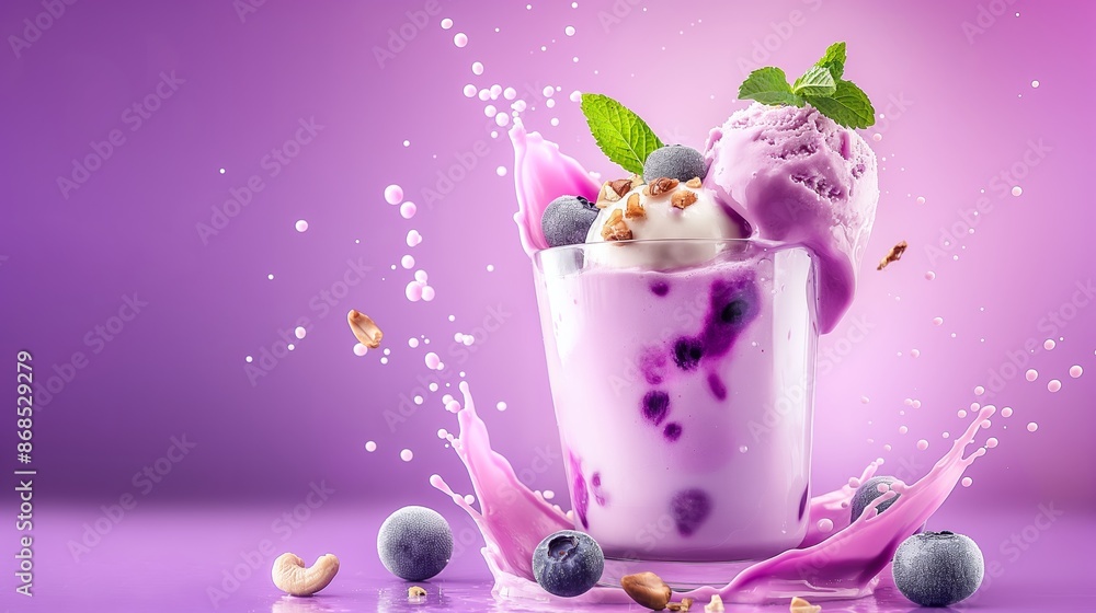 A purple drink with ice and blueberries. The drink is in a glass and has a splash of blueberry juice on the table A purple drink with ice and blueberries. The drink is in a glass and has a splash of blueberry juice on the table