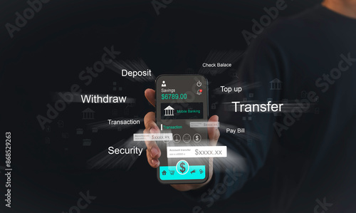 Obraz na płótnie person holding a smartphone with a mobile banking app interface. The display shows various banking functions such as deposit, withdraw, transfer, and security, digital banking and financial technology w salonie