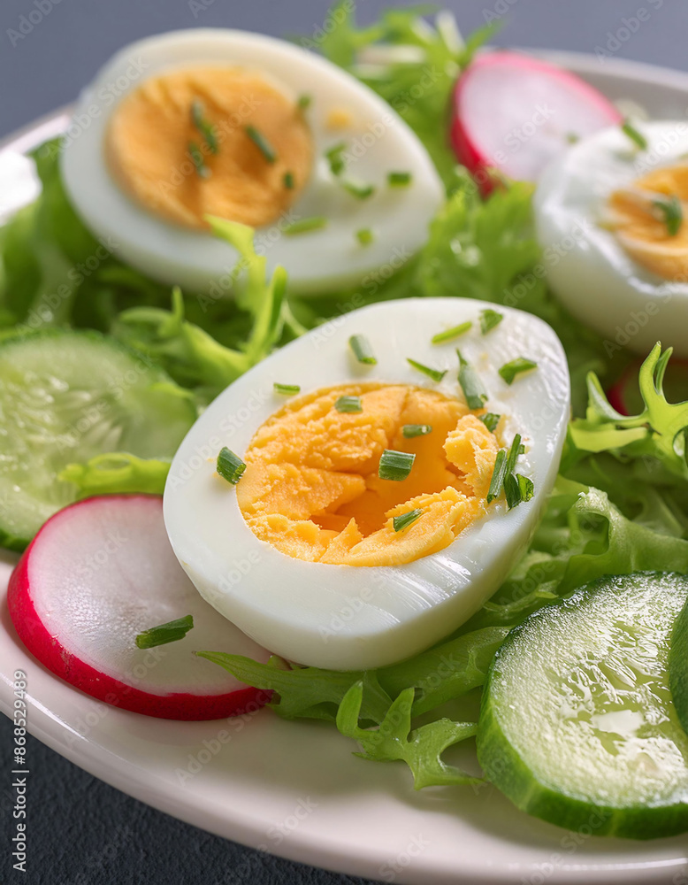 Sliced boiled egg on mixed greens with cucumbers, radishes, light vinaigrette. vegetarian, healthy food, nutrition, lifestyle Sliced boiled egg on mixed greens with cucumbers, radishes, light vinaigrette. vegetarian, healthy food, nutrition, lifestyle