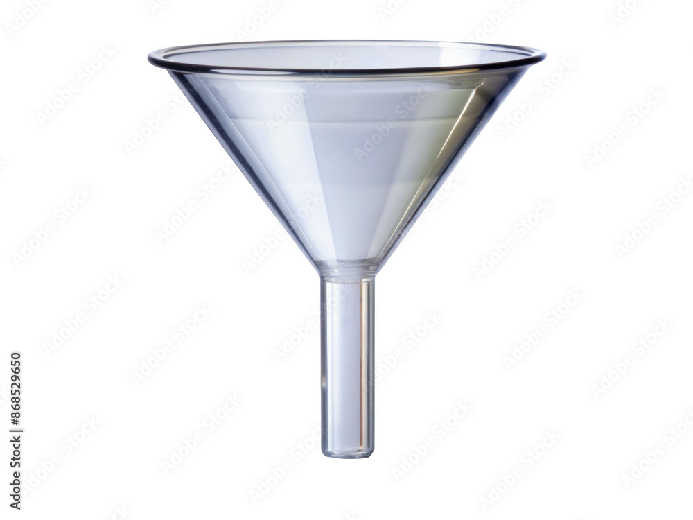 Clear Glass Funnel with a wide opening and narrow tube, perfect for laboratory and kitchen use. Isolated on transparent background, png. Clear Glass Funnel with a wide opening and narrow tube, perfect for laboratory and kitchen use. Isolated on transparent background, png.