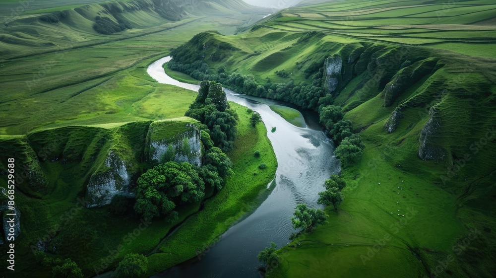 A captivating view of a river winding through a lush green valley A captivating view of a river winding through a lush green valley