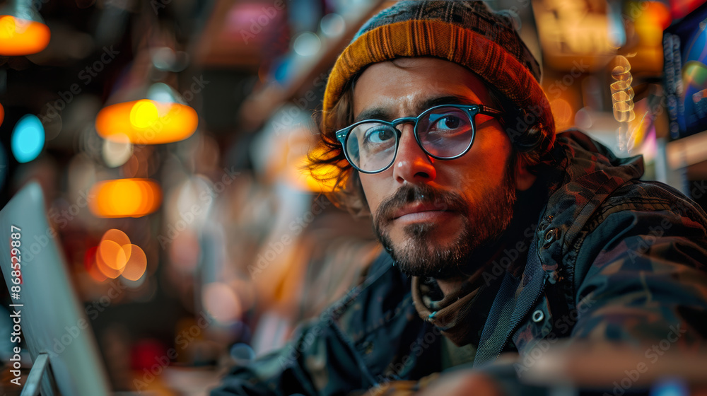 Man with Glasses Looking Surprised with Smartphone in Neon-Lit Environment Man with Glasses Looking Surprised with Smartphone in Neon-Lit Environment