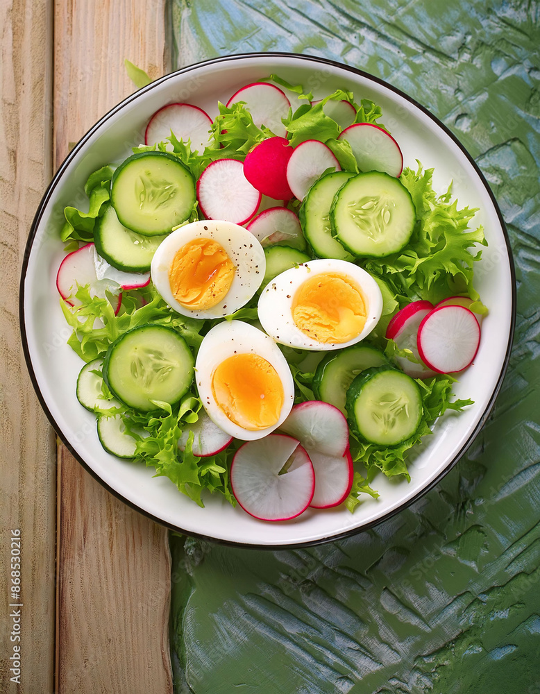 Sliced boiled egg on mixed greens with cucumbers, radishes, light vinaigrette. vegetarian, healthy food, nutrition, lifestyle Sliced boiled egg on mixed greens with cucumbers, radishes, light vinaigrette. vegetarian, healthy food, nutrition, lifestyle